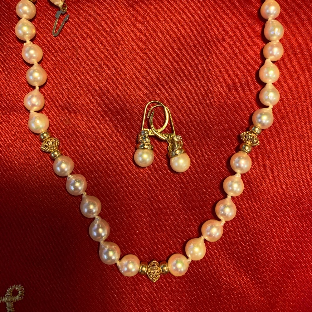14K FANCY PEARLS & BEADS YG NECKLACE w/EARRNGS SET